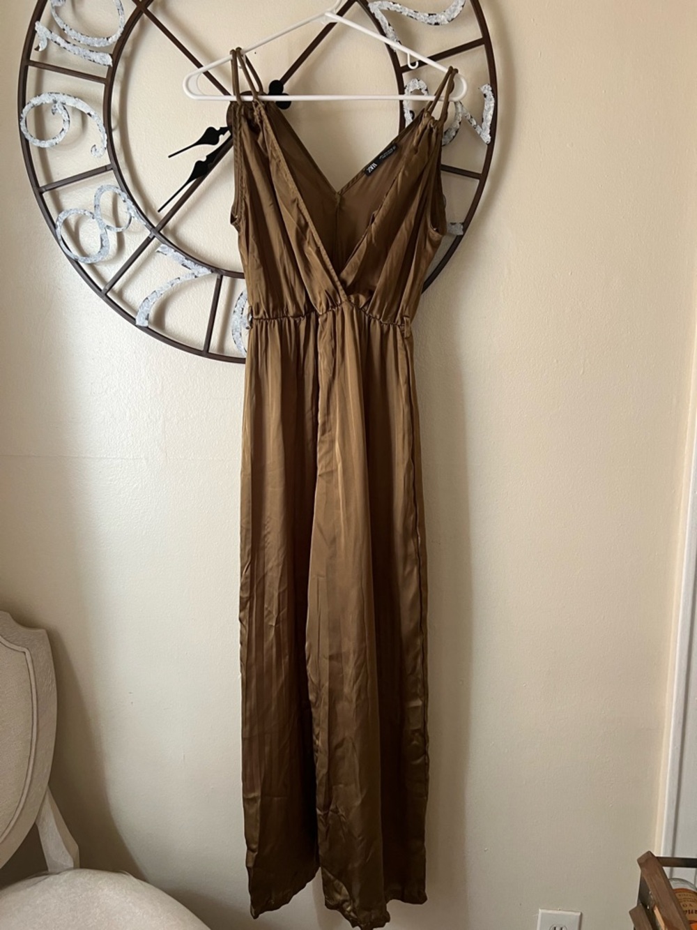 Zara Olive Green Satin V-Neck Maxi Jumpsuit with Spaghetti Straps